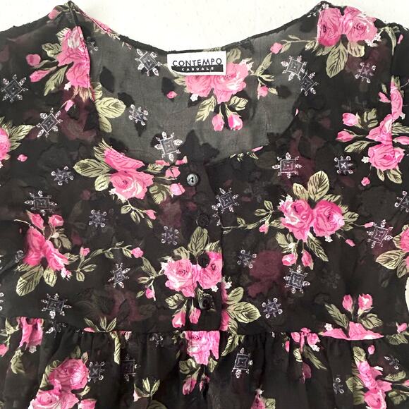 Contempo Casual 90s Floral Sheer Babydoll Fairy Whimsygoth Grunge L/S MEDIUM - Picture 9 of 11